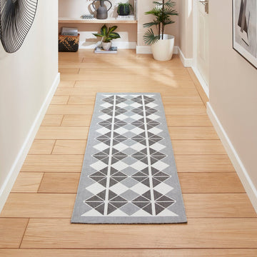 Washable Victoria H1184 Modern Vintage Diamond Grid Triangular Tessellation Lightweight Printed Polyester Flatweave Grey/Dark Grey Rug-Think Rugs-Rug Love - The Most Loved Rug Store